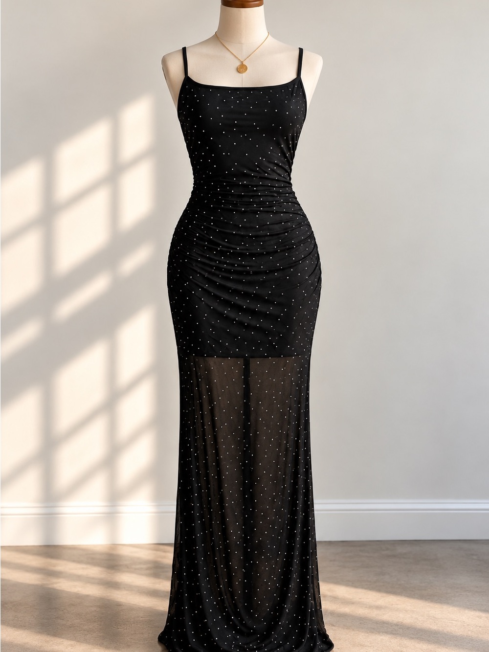 Black Rhinestone Spaghetti Strap Evening Dress